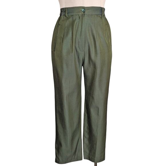 Vintage C. C Silk Green 100% Silk Pants Trousers High Waist Pockets Small - Picture 1 of 1